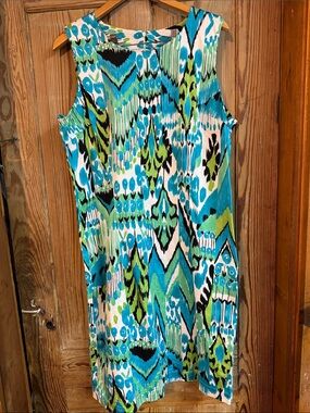 J W Treci Sleeveless Aqua & Lime Print Shift Dress 18 tall